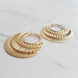 Gold Art Deco Earrings, 14K gold fill hooks, large gold medallion, gold tribal earring, large lightweight earring, gold open circle earring - Constant Baubling