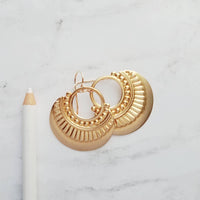 Gold Art Deco Earrings, 14K gold fill hooks, large gold medallion, gold tribal earring, large lightweight earring, gold open circle earring - Constant Baubling