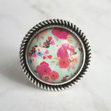 Floral Print Ring - antique silver adjustable base - fuchsia salmon peach pastel flower garden on blue mint background - size 7 8 9 10 - Constant Baubling