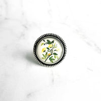Yellow Flower Branch Ring - round large antique silver adjustable base - garden shades of green leaves/white background - size 7 8 9 10 - Constant Baubling