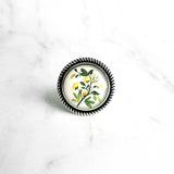 Yellow Flower Branch Ring - round large antique silver adjustable base - garden shades of green leaves/white background - size 7 8 9 10 - Constant Baubling