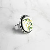 Yellow Flower Branch Ring - round large antique silver adjustable base - garden shades of green leaves/white background - size 7 8 9 10 - Constant Baubling