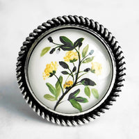 Yellow Flower Branch Ring - round large antique silver adjustable base - garden shades of green leaves/white background - size 7 8 9 10 - Constant Baubling