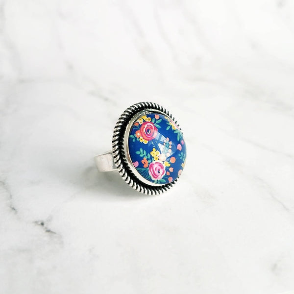 Large Silver Ring, wide band ring, round ring, floral print ring, flower ring, cobalt blue ring, navy blue ring, garden ring, blue floral - Constant Baubling