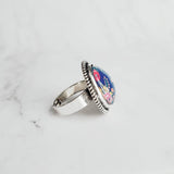 Large Silver Ring, wide band ring, round ring, floral print ring, flower ring, cobalt blue ring, navy blue ring, garden ring, blue floral - Constant Baubling