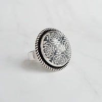 Black & White Ring - damask pattern ornate floral clover classic print - antique silver round adjustable wide band - size 7 8 9 10 - Constant Baubling