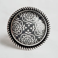 Black & White Ring - damask pattern ornate floral clover classic print - antique silver round adjustable wide band - size 7 8 9 10 - Constant Baubling