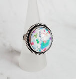 Large Silver Ring - watercolor floral print under glass - antiqued setting/wide band - blue purple red flower garden - adjustable 7 8 9 10 - Constant Baubling