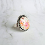 Pastel Flower Ring, ranunculus ring, peony ring, silver flower ring, watercolor ring, large flower ring pinks orange mint wide band 10 9 8 7 - Constant Baubling