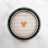 Heart Ring - pink/white stripe background & gold heart - adjustable size round wide silver band - friend/love/girlfriend/wife gift - Constant Baubling