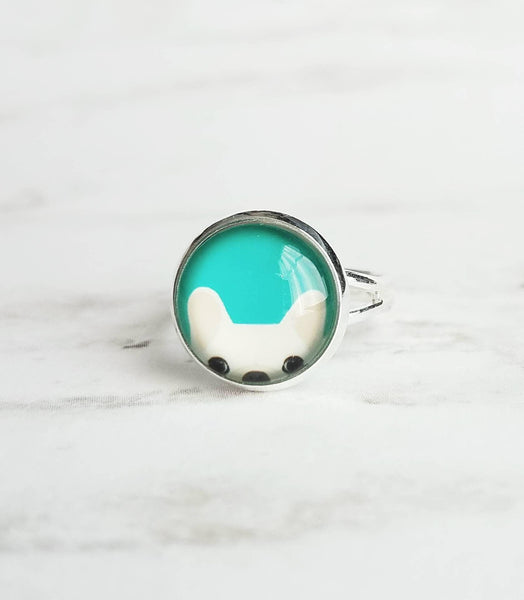 French Bulldog Jewelry - ring w/ peeking white bat eared Frenchie dog on turquoise blue/green - adjustable size 6.5 - 7 8 9 - pet gift - Constant Baubling