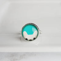 French Bulldog Jewelry - ring w/ peeking white bat eared Frenchie dog on turquoise blue/green - adjustable size 6.5 - 7 8 9 - pet gift - Constant Baubling