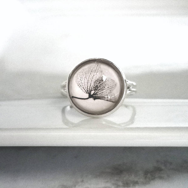 Silver Skeleton Leaf Ring - delicate wispy intricate lacy ornate vein network - aspen cottonwood style leaves - round black white print - Constant Baubling