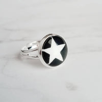 Star Ring - white on black background small round 1/2 inch print under domed glass - adjustable simple little silver ring - size 6.5 7 8 9 - Constant Baubling