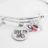 Mom Bracelet, mom to girls bracelet, daughter bracelet, LOVE MY GIRLS bracelet, birthstone bracelet, silver wire bangle, sisters keepsake - Constant Baubling