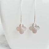 Silver Clover Earrings, 4 leaf clover earring, brushed silver earring, elf hook earring, lucky earring, St Patricks Day jewelry, good luck - Constant Baubling