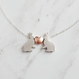 Bunny Necklace, small silver rabbit necklace, rose gold heart charm, .925 sterling silver chain, bunny love necklace, girlfriend Easter gift - Constant Baubling