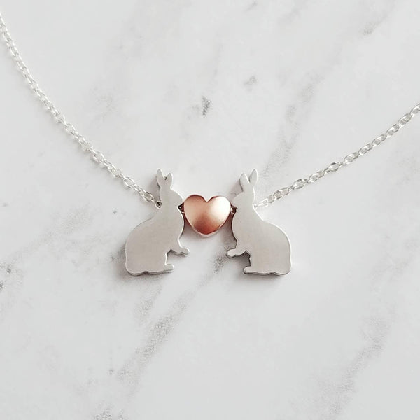 Bunny Necklace, small silver rabbit necklace, rose gold heart charm, .925 sterling silver chain, bunny love necklace, girlfriend Easter gift - Constant Baubling