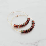 Beaded Hoop Earrings - tortoise glass on delicate thin gold circles in brown/sage olive green, dainty simple earring, everyday jewelry - Constant Baubling