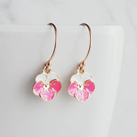 Little Flower Earrings, 14k gold fill hook, pansy earring, pink white earring, pink flower earring, enamel flower, small flower earring - Constant Baubling