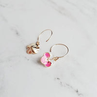 Little Flower Earrings, 14k gold fill hook, pansy earring, pink white earring, pink flower earring, enamel flower, small flower earring - Constant Baubling