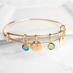 Gold Bangle Bracelet - letter initial monogram/birthstone style personalized charm - adjustable 14k gold plate - grandma mom birthday gift - Constant Baubling