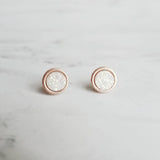 Rose Gold Stud Earrings, opal white earring, white faux druzy earring, small round earring, stainless steel stud, 8mm hypoallergenic stud - Constant Baubling