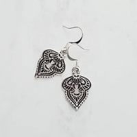 Silver Medallion Earrings, ornate silver drops, antique silver dangle, small fancy leaf, silver damask, intricate design, silver Bohemian - Constant Baubling