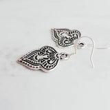 Silver Medallion Earrings, ornate silver drops, antique silver dangle, small fancy leaf, silver damask, intricate design, silver Bohemian - Constant Baubling