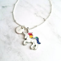 Rainbow Unicorn Necklace, rainbow unicorn necklace, white unicorn pendant, unicorn charm, enamel unicorn, personalized unicorn, letter disk - Constant Baubling