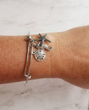 Beach Charm Bracelet - silver adjustable bangle double loop wire w/ seahorse, starfish, silver dollar dangles - vacation sea theme gift - Constant Baubling