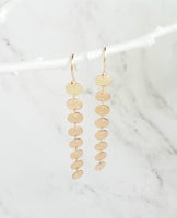 Long Gold Earrings, connected circle earring, gold disk earring, gold tag earring, circle strand earring, 14K gold fill hook option, small - Constant Baubling