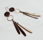 Long Boho Earrings, open circle earrings, 4 inch earrings, extra long earring, bronze disk earing, tribal dangles, antique brass earrings - Constant Baubling