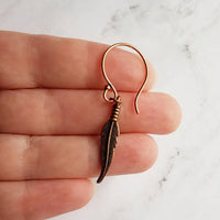 Copper Feather Earrings, long copper earring, narrow feather earring, antique copper feather, oxidized copper dangle, thin tribal boho - Constant Baubling