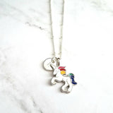 Rainbow Unicorn Necklace, rainbow unicorn necklace, white unicorn pendant, unicorn charm, enamel unicorn, personalized unicorn, letter disk - Constant Baubling