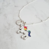 Rainbow Unicorn Necklace, rainbow unicorn necklace, white unicorn pendant, unicorn charm, enamel unicorn, personalized unicorn, letter disk - Constant Baubling