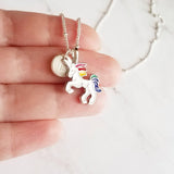 Rainbow Unicorn Necklace, rainbow unicorn necklace, white unicorn pendant, unicorn charm, enamel unicorn, personalized unicorn, letter disk - Constant Baubling