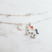 Rainbow Unicorn Necklace, rainbow unicorn necklace, white unicorn pendant, unicorn charm, enamel unicorn, personalized unicorn, letter disk - Constant Baubling