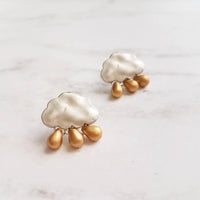 Silver & Gold Rain Cloud Earrings, sterling silver post, matte silver cloud, gold raindrops, raining cloud, storm cloud jewelry, matte gold - Constant Baubling
