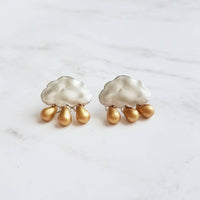 Silver & Gold Rain Cloud Earrings, sterling silver post, matte silver cloud, gold raindrops, raining cloud, storm cloud jewelry, matte gold - Constant Baubling
