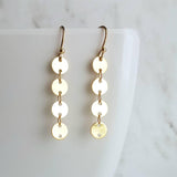 Long Gold Earrings, connected circle earring, gold disk earring, gold tag earring, circle strand earring, 14K gold fill hook option, small - Constant Baubling