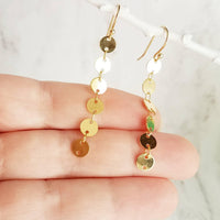 Gold Circle Earrings, connected circle earring, gold disk earring, gold sequin earring, small gold circle earring, gold tag earring, long - Constant Baubling