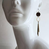 Long Boho Earrings, open circle earrings, 4 inch earrings, extra long earring, bronze disk earing, tribal dangles, antique brass earrings - Constant Baubling