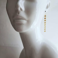 Long Gold Earrings, connected circle earring, gold disk earring, gold tag earring, circle strand earring, 14K gold fill hook option, small - Constant Baubling
