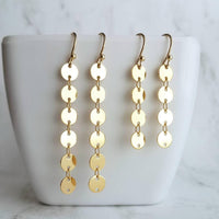 Gold Disk Earrings, gold sequin earring, gold disc earring, connected disks earring, round tag earring, gold circle earring, 4 disk earring - Constant Baubling