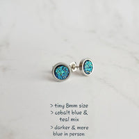 Stainless Stud Earrings, cobalt blue stud, aqua teal blue earring, peacock blue earring, faux druzy stone stud, rough surface hypoallergenic - Constant Baubling