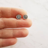 Gunmetal Silver Stud Earrings - tiny faux druzy stone - simple small round rough rock - hypoallergenic post drusy imitation little gray gem - Constant Baubling