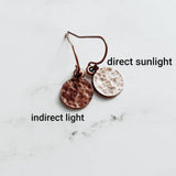 Copper Tag Earrings - small hammered antique/aged finish round rust brown disc on little simple ball ear hook - lightweight/minimalist - Constant Baubling