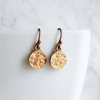 Copper Tag Earrings - small hammered antique/aged finish round rust brown disc on little simple ball ear hook - lightweight/minimalist - Constant Baubling