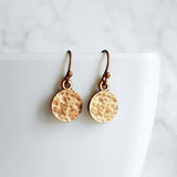 Copper Tag Earrings - small hammered antique/aged finish round rust brown disc on little simple ball ear hook - lightweight/minimalist - Constant Baubling